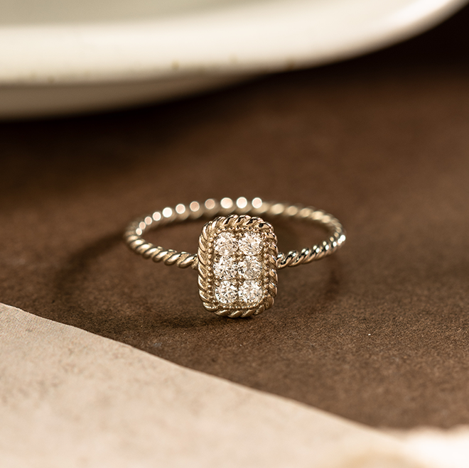 31510 Natural Diamond Square Ring with Twisted Floral Inlay