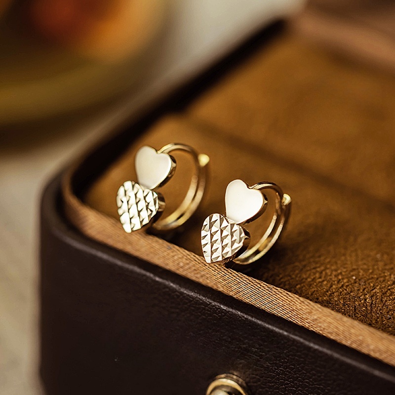 25114 Double love heart faceted laser plain gold ear clasps 