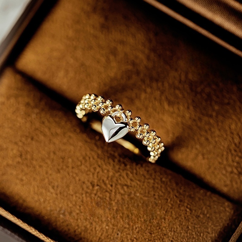 31455 Plain gold smooth heart-shaped yellow and white color-blocked hollow gold ball ring 