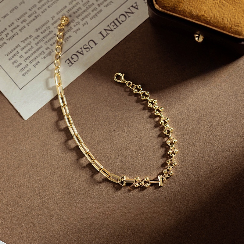 40894 Plain gold fashionable wide version letter T gold ball checkered style bracelet  